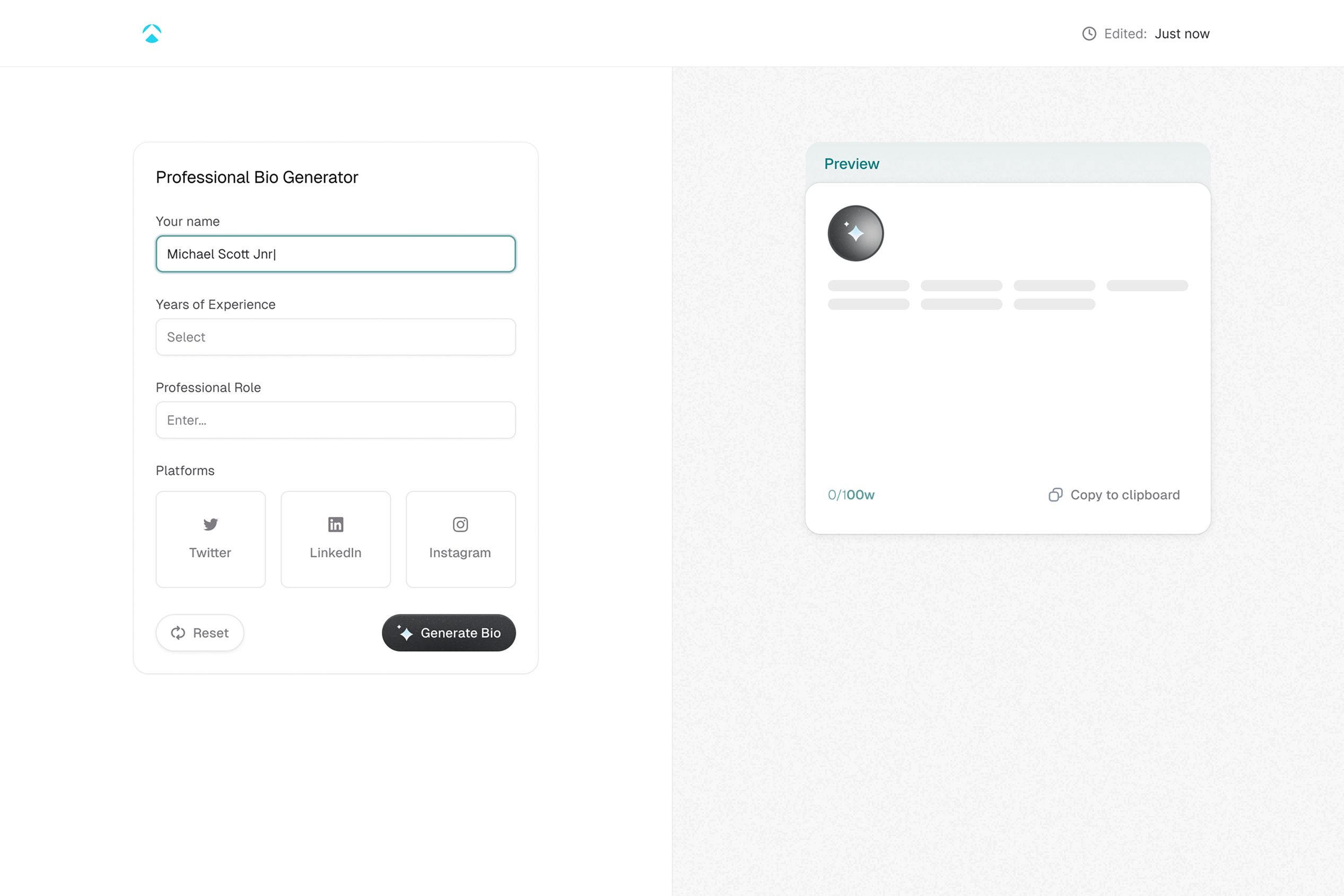 Professional bio generator interface