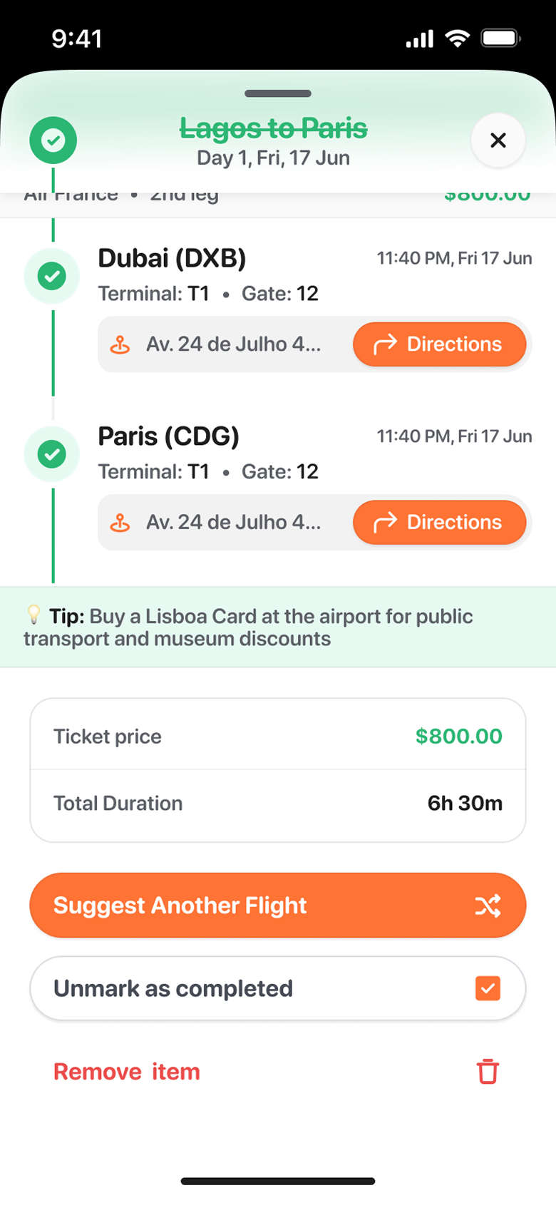 Outbound multi-city itinerary screen