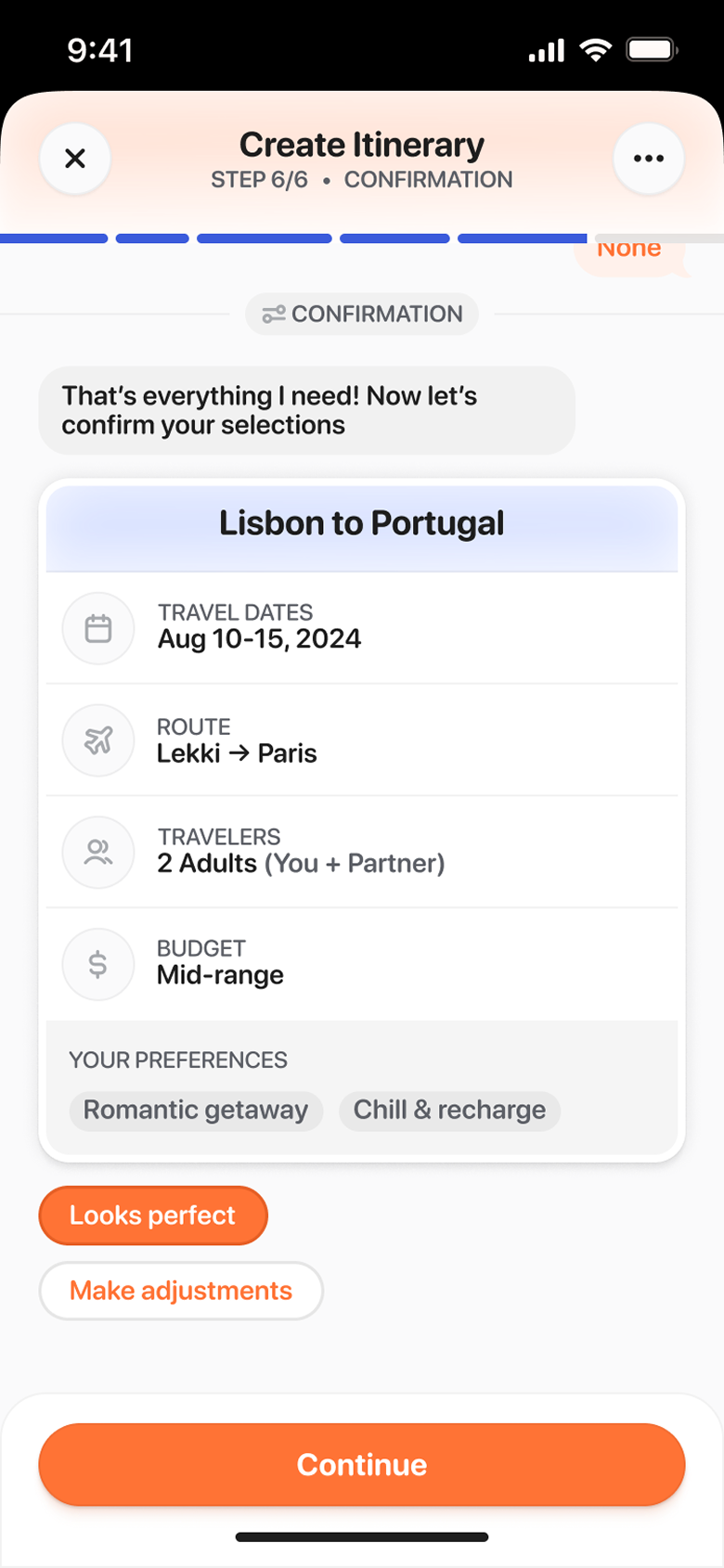 Outbound travel assistant chat screen