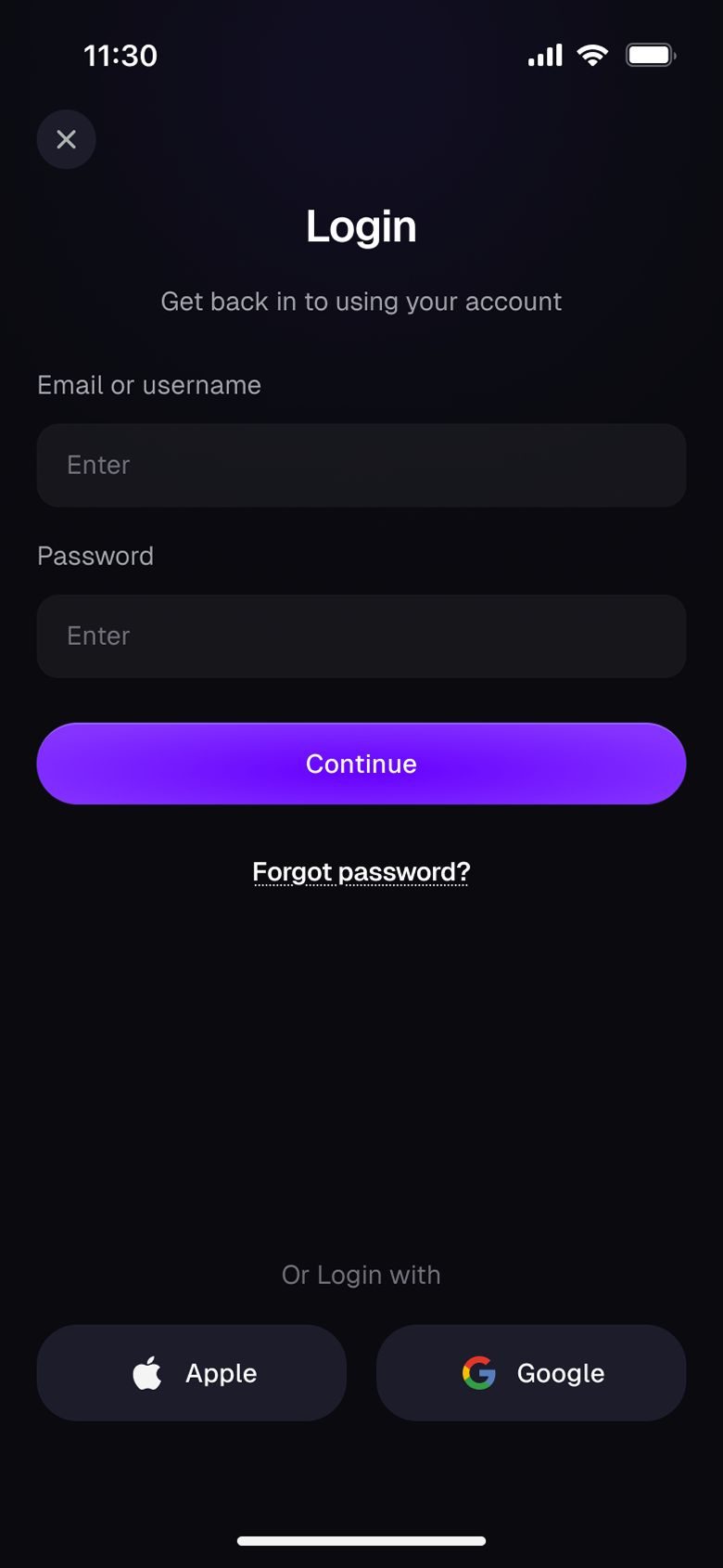 Wardrobe mobile login screen